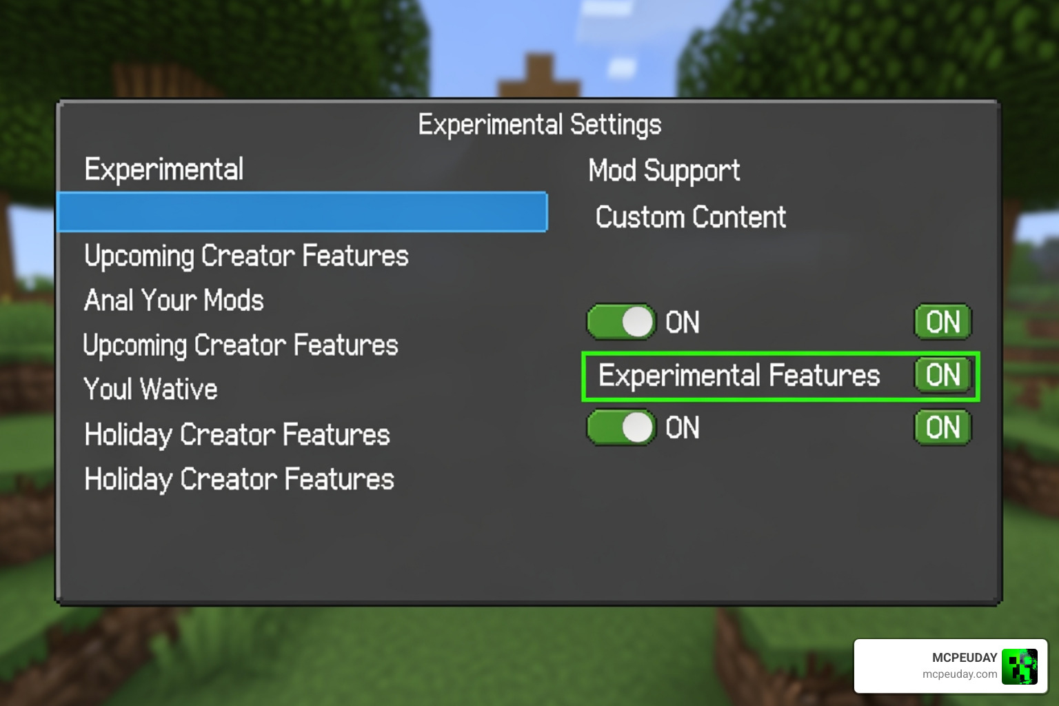 Minecraft experimental settings menu showing which toggles to activate for the mod to work Minecraft experimental settings menu showing which toggles to activate for the mod to work
