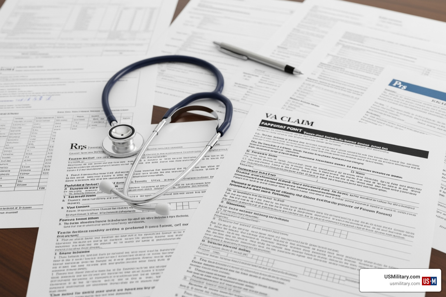 medical documents and a stethoscope representing VA claim evidence medical documents and a stethoscope representing VA claim evidence