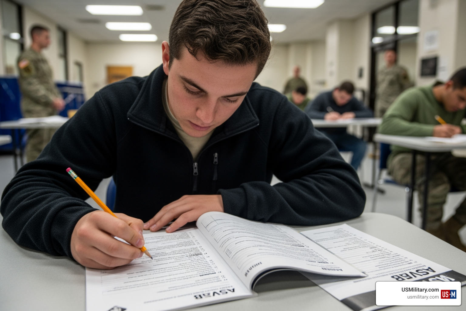 A young recruit taking the ASVAB test at a military entrance processing station A young recruit taking the ASVAB test at a military entrance processing station