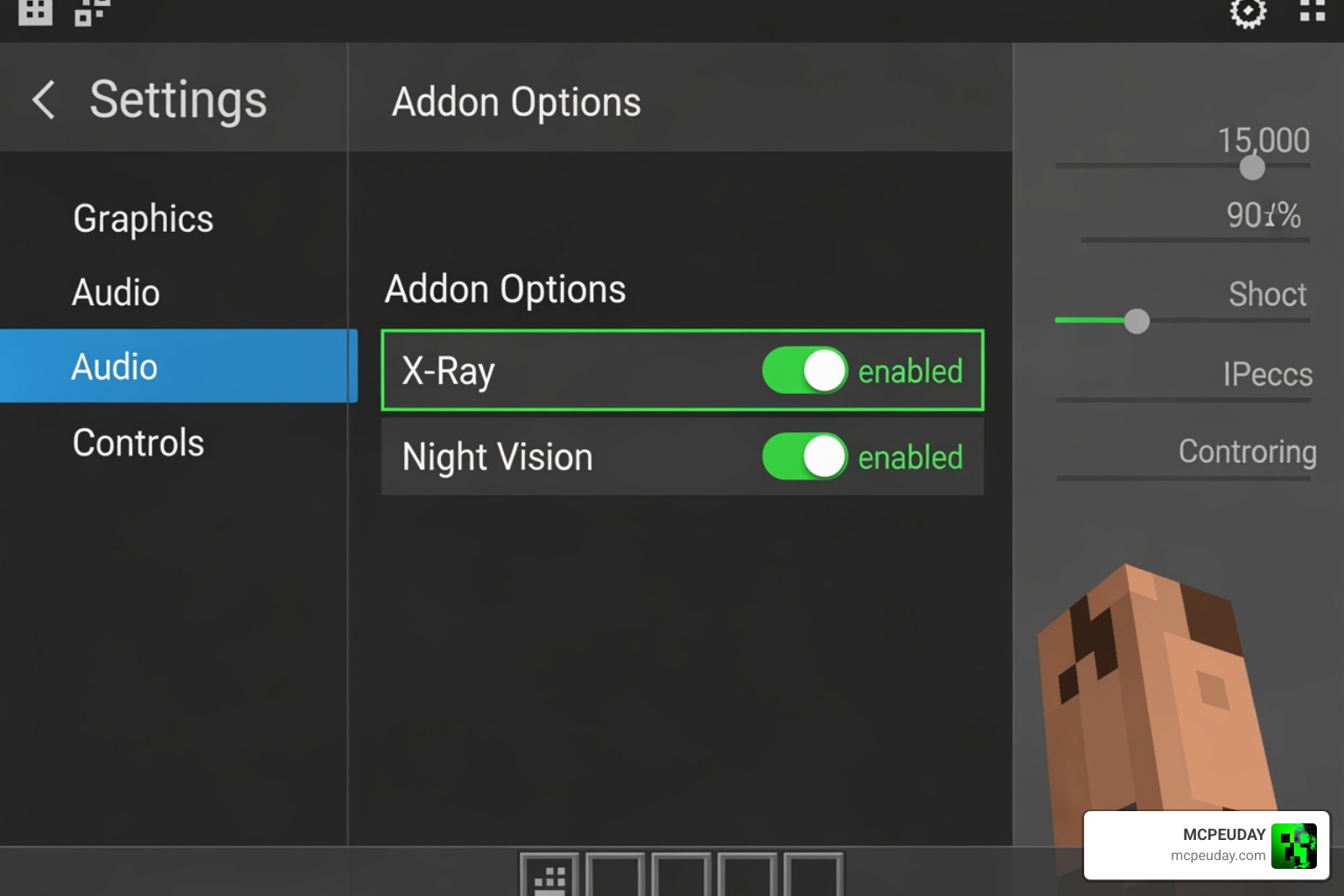 Minecraft Bedrock addon interface showing X-Ray and Night Vision settings Minecraft Bedrock addon interface showing X-Ray and Night Vision settings