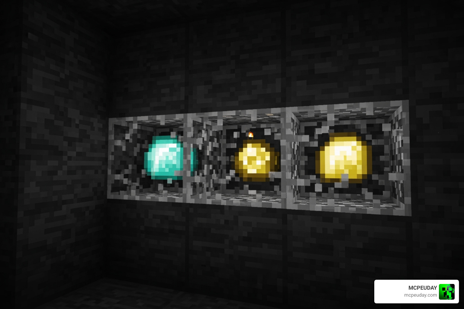 Glowing diamond and gold ores visible through transparent stone blocks Glowing diamond and gold ores visible through transparent stone blocks