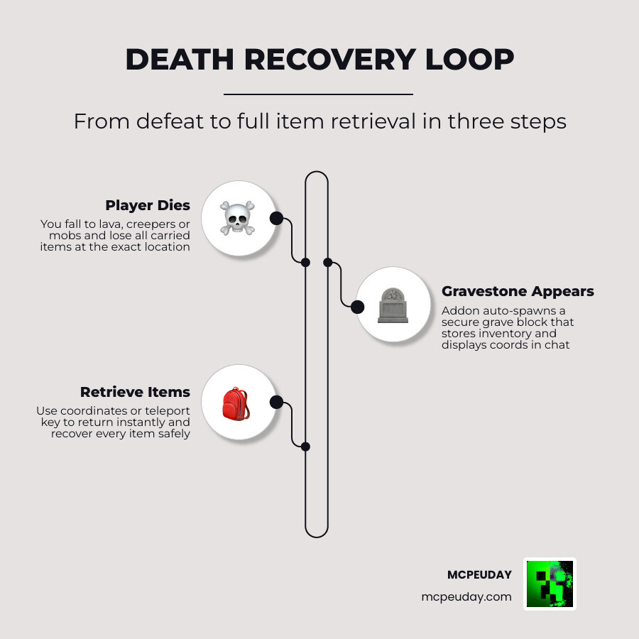 Infographic: Death recovery loop from player defeat to gravestone spawn to coords display to item retrieval infographic