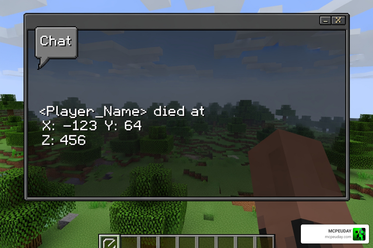 Minecraft chat window showing death coordinates after a player defeat