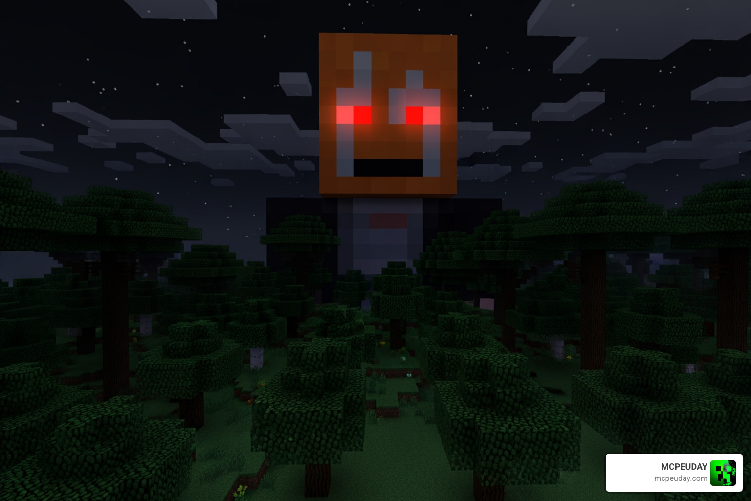 Giant Alex entity towering over a dark oak forest biome