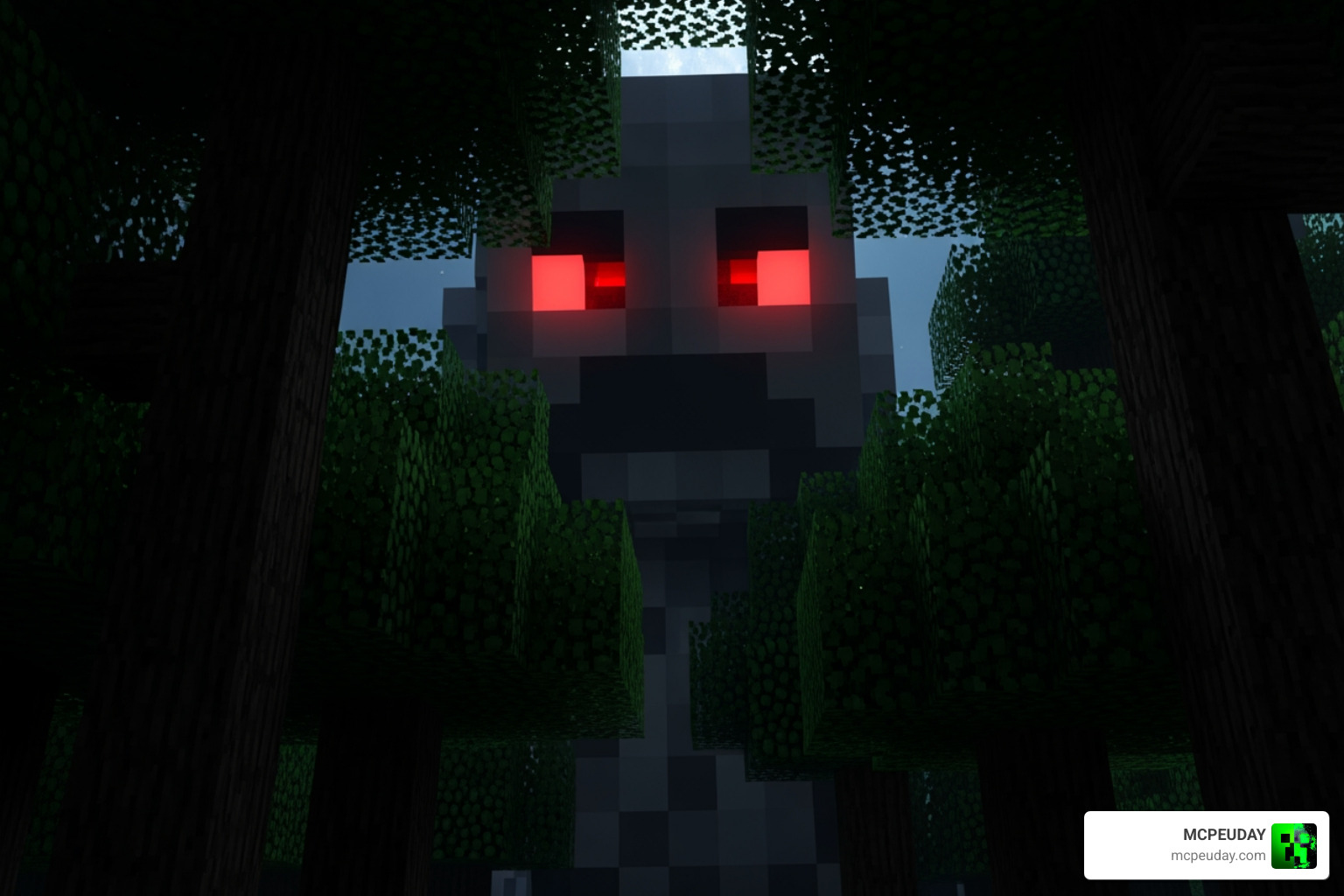 Giant Alex with glowing red eyes peering through dark Minecraft trees