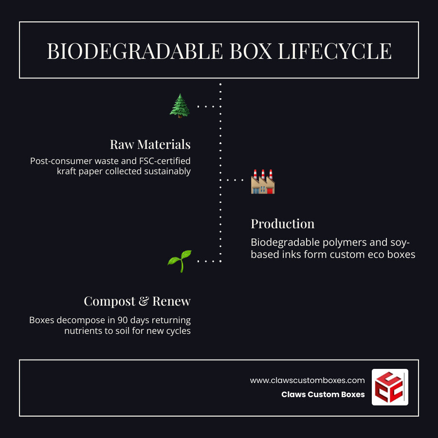 Infographic showing the lifecycle of biodegradable custom boxes from raw materials to decomposition infographic Infographic showing the lifecycle of biodegradable custom boxes from raw materials to decomposition infographic