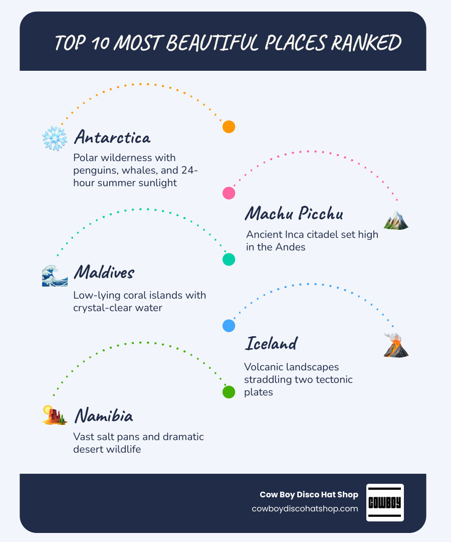 Top 10 most beautiful places in the world ranked by visitor volume and key features infographic