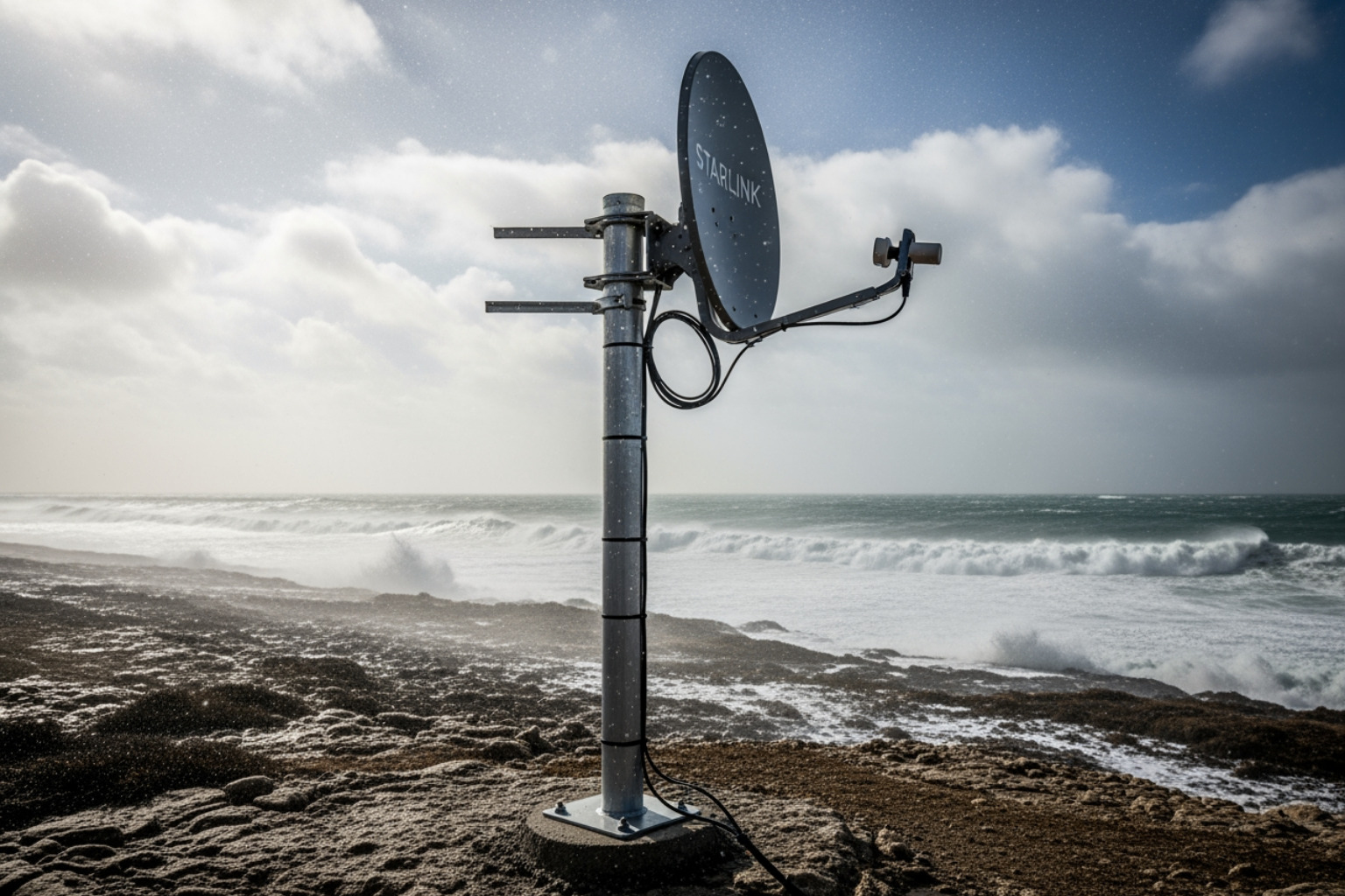 Starlink dish mounted in a high-wind coastal area with salt spray visible in the air