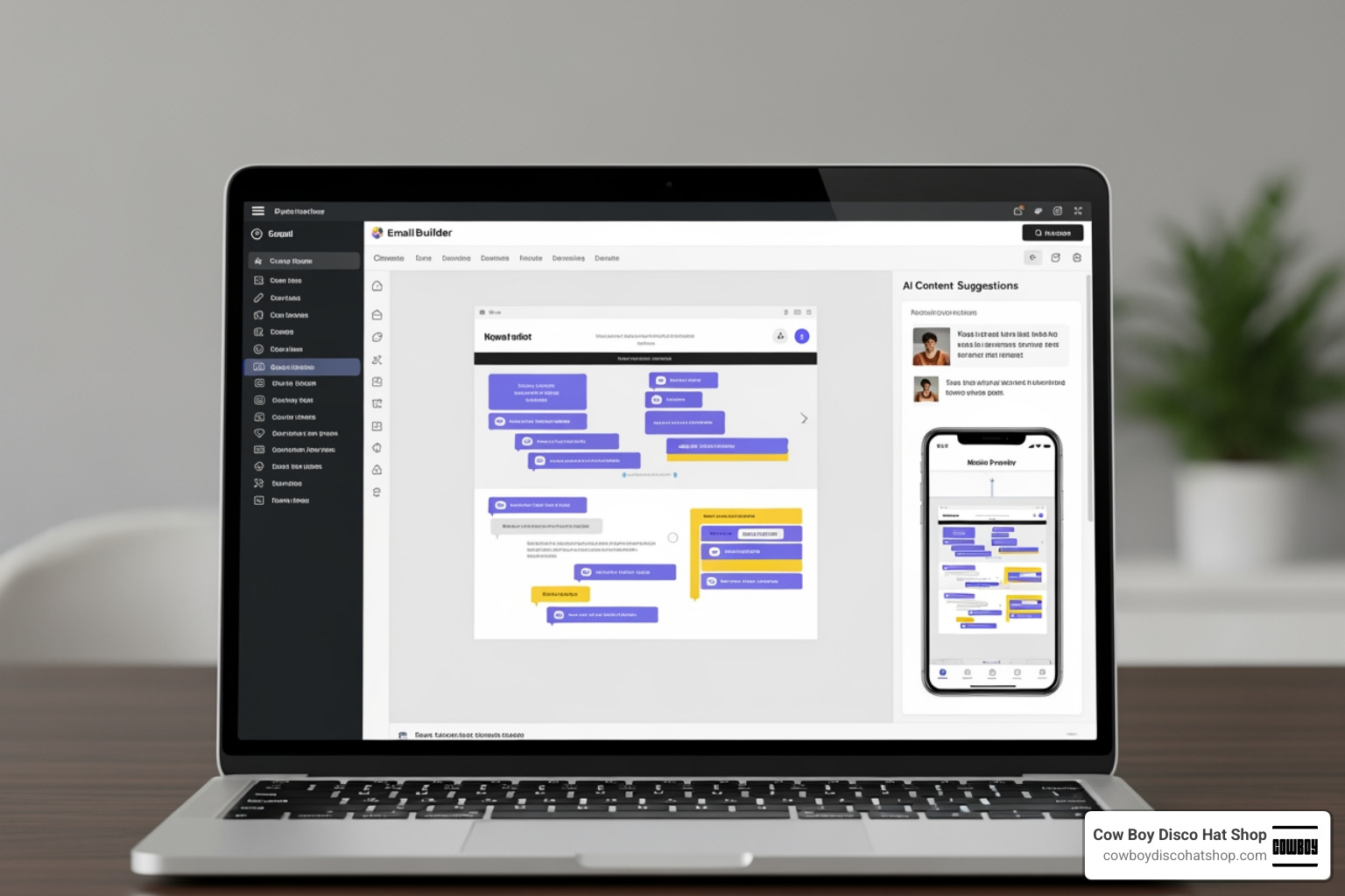 A modern drag-and-drop email builder interface showing AI content suggestions and mobile preview