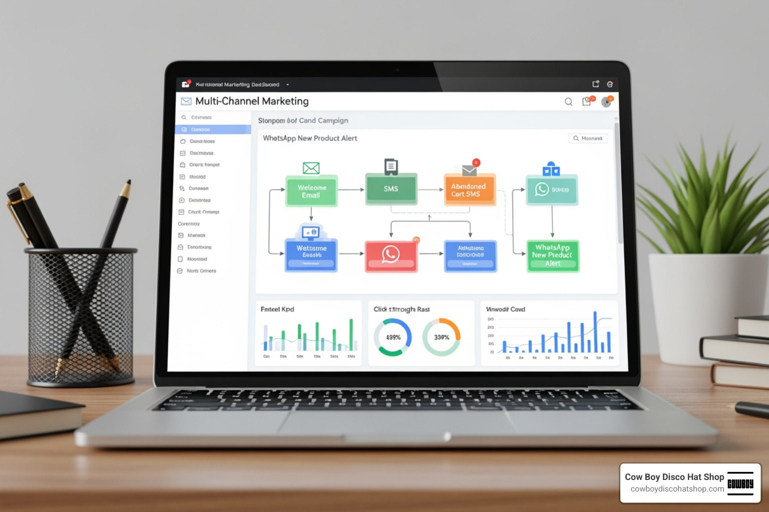 A complex multi-channel marketing workflow showing email, SMS, and WhatsApp triggers