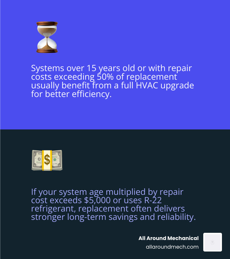 Repair vs. replace HVAC decision tree infographic showing age thresholds, cost rules, and efficiency factors infographic Repair vs. replace HVAC decision tree infographic showing age thresholds, cost rules, and efficiency factors infographic