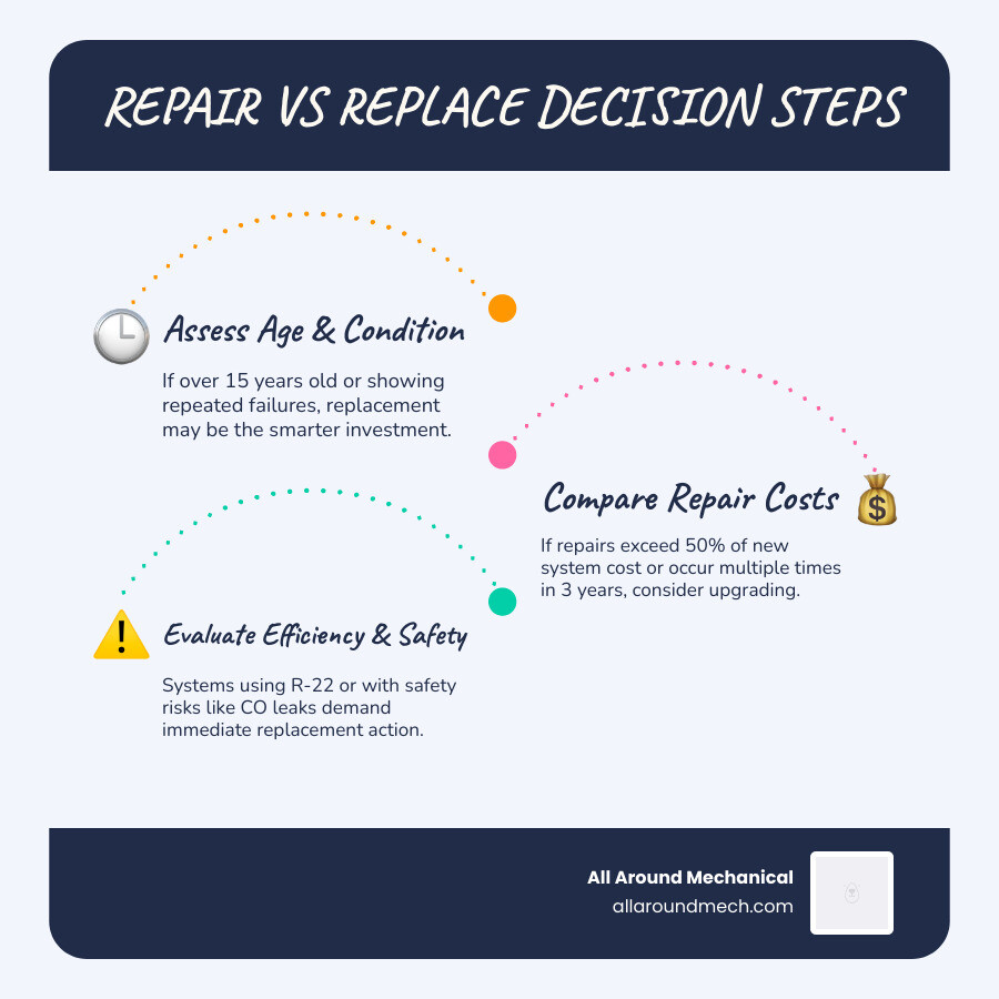 Repair vs replace HVAC decision matrix showing age, cost thresholds, and key warning signs infographic Repair vs replace HVAC decision matrix showing age, cost thresholds, and key warning signs infographic