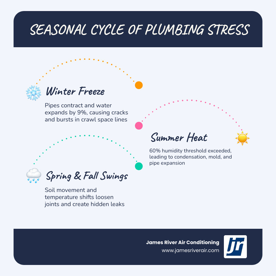Infographic showing seasonal cycle of plumbing and crawl space stress across winter, spring, summer, and fall infographic Infographic showing seasonal cycle of plumbing and crawl space stress across winter, spring, summer, and fall infographic