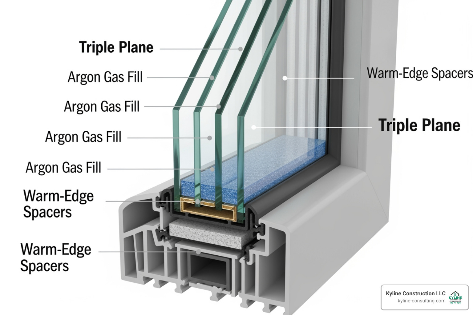 Cross-section of an energy conserving window showing triple panes, argon gas, and warm-edge spacers