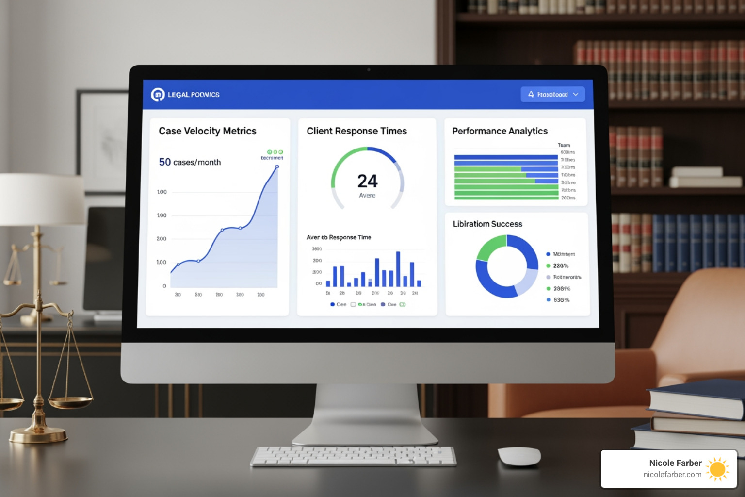 AI-powered legal dashboard showing case velocity and client response times