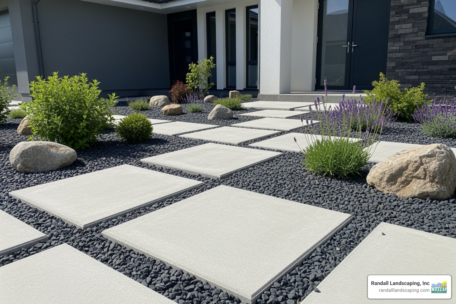 Large 24x24 concrete square pavers used as stepping stones with dark gravel infill Large 24x24 concrete square pavers used as stepping stones with dark gravel infill