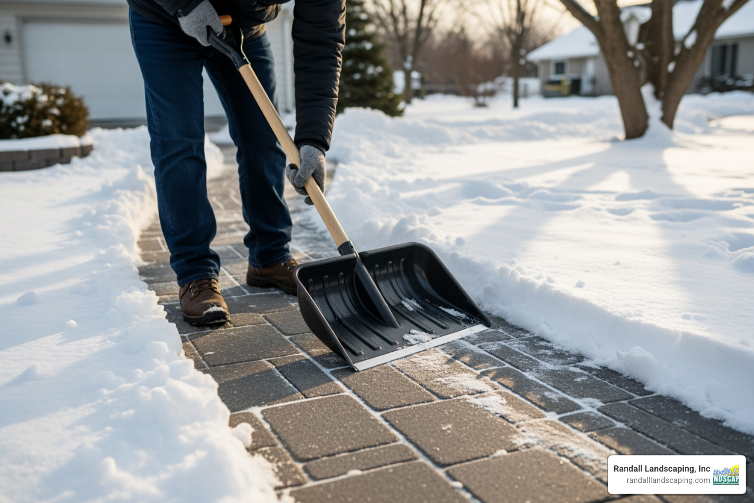 Cleaning snow off a concrete paver walkway with a plastic shovel to avoid scratching Cleaning snow off a concrete paver walkway with a plastic shovel to avoid scratching