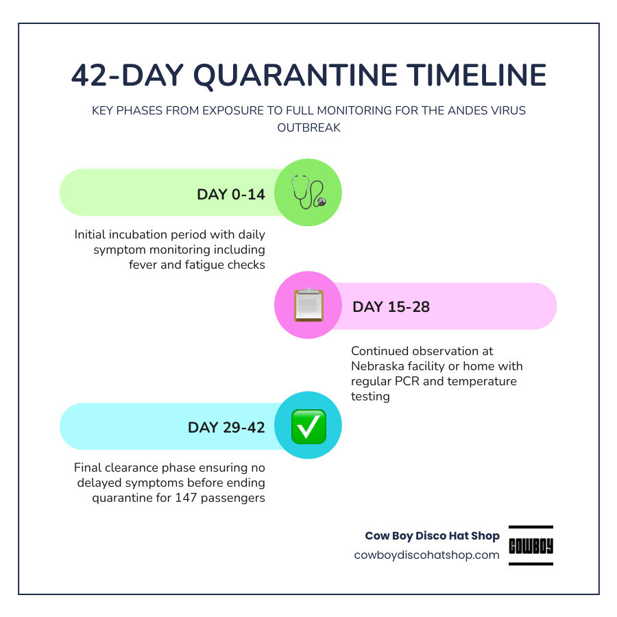 Infographic showing 42-day hantavirus quarantine timeline, incubation window, and case statistics infographic