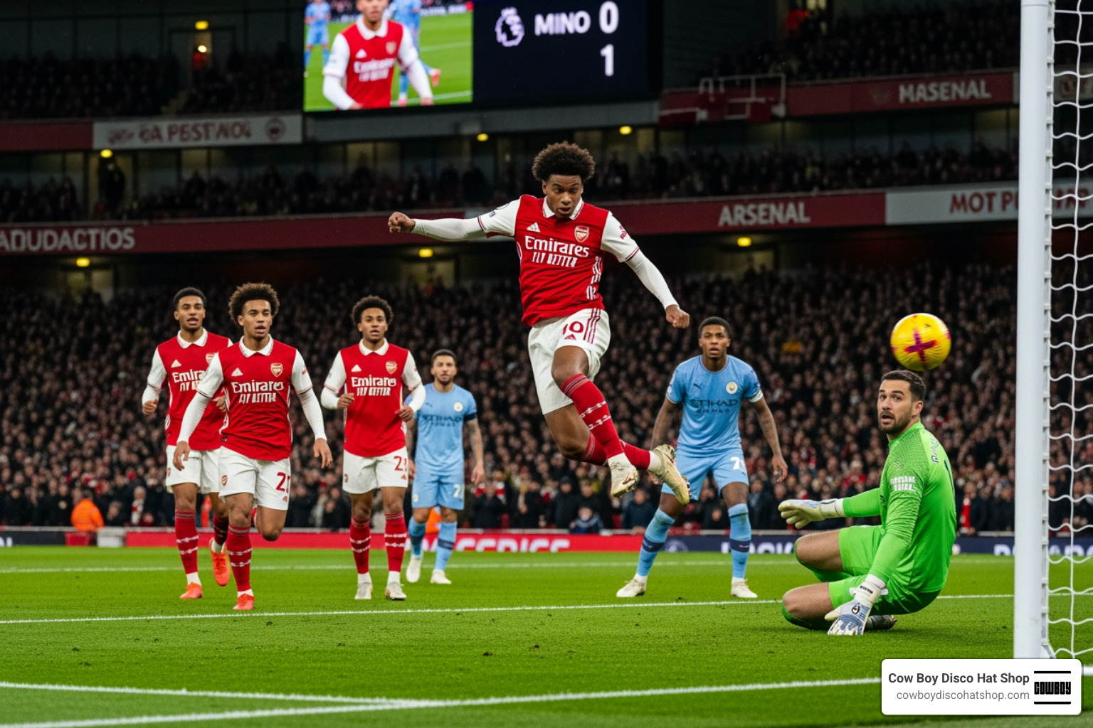 Gabriel Martinelli scoring a late equalizer against Manchester City