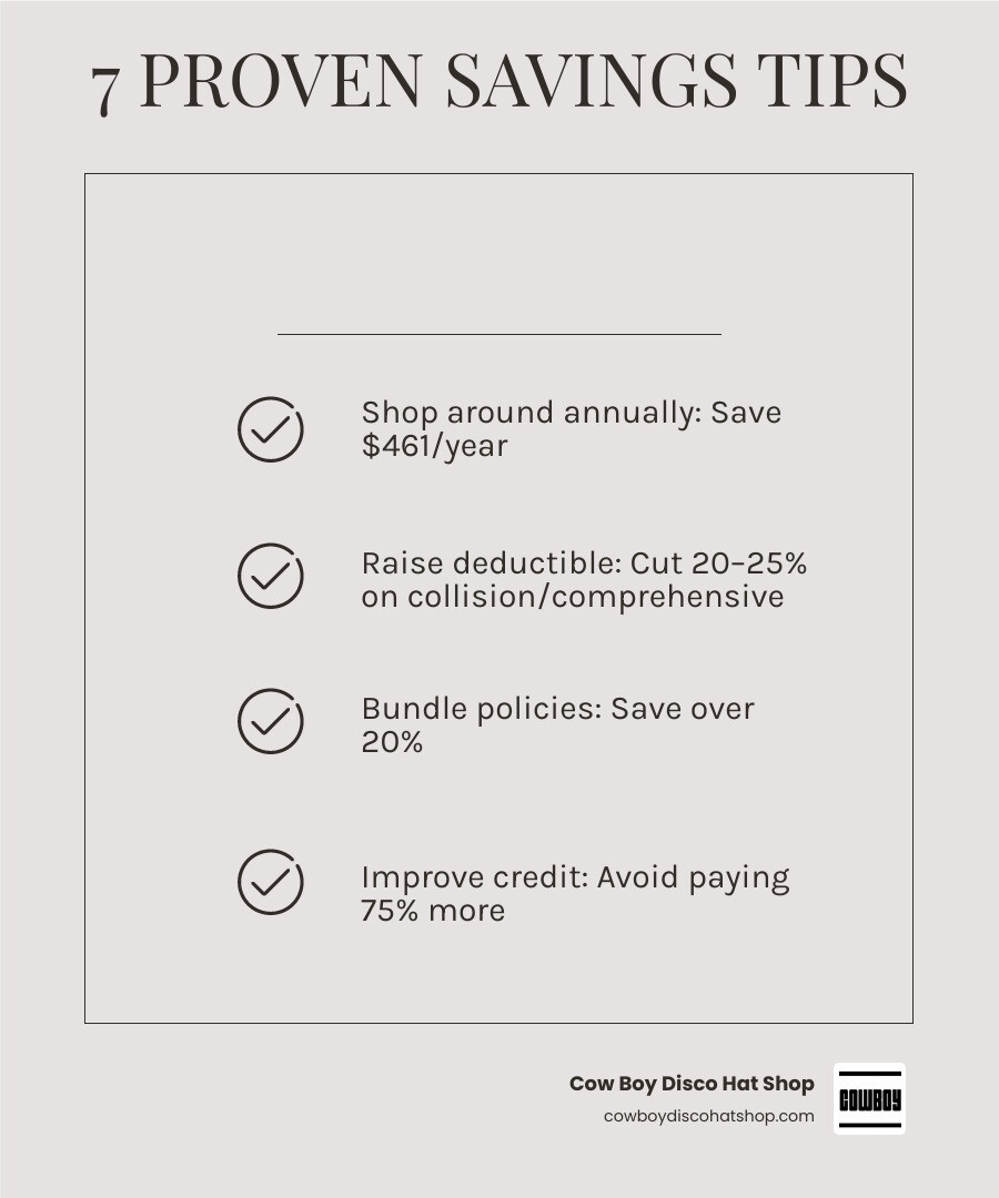 Infographic summarizing 7 proven ways to lower your auto insurance premium with savings estimates infographic