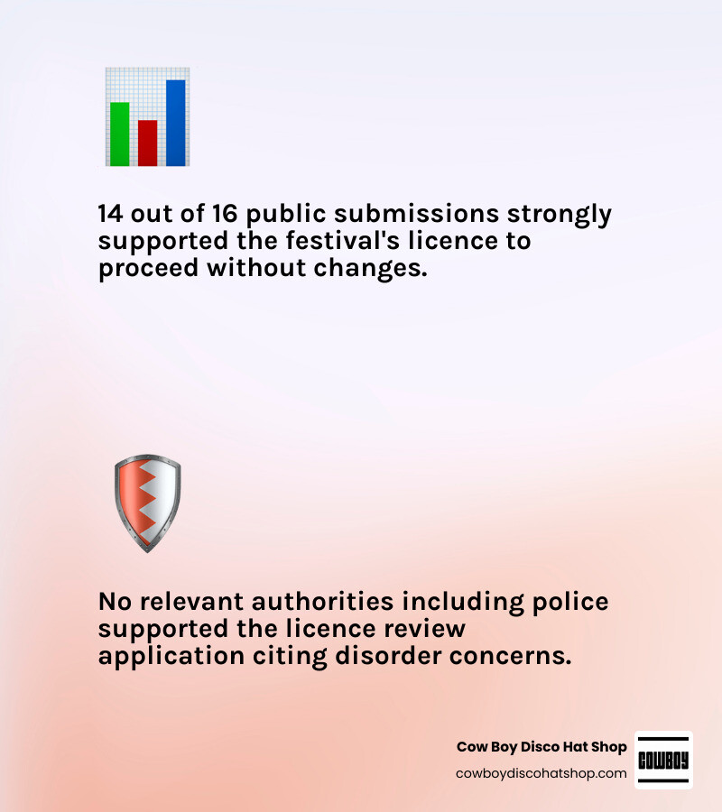 Table comparing 14 supportive public comments versus 2 objections for Shindig Festival infographic