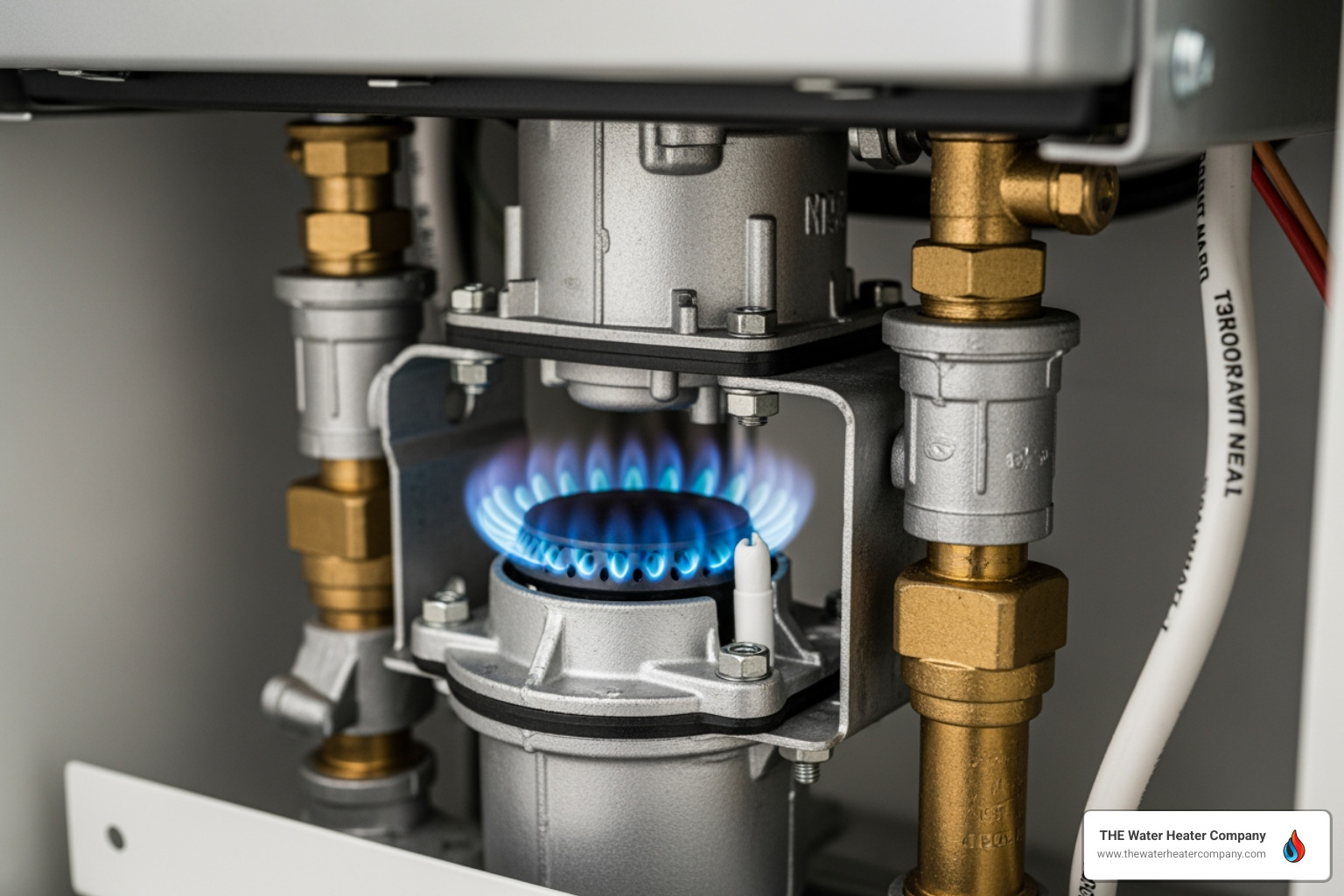 Close-up of a gas water heater burner assembly showing the blue flame combustion process Close-up of a gas water heater burner assembly showing the blue flame combustion process