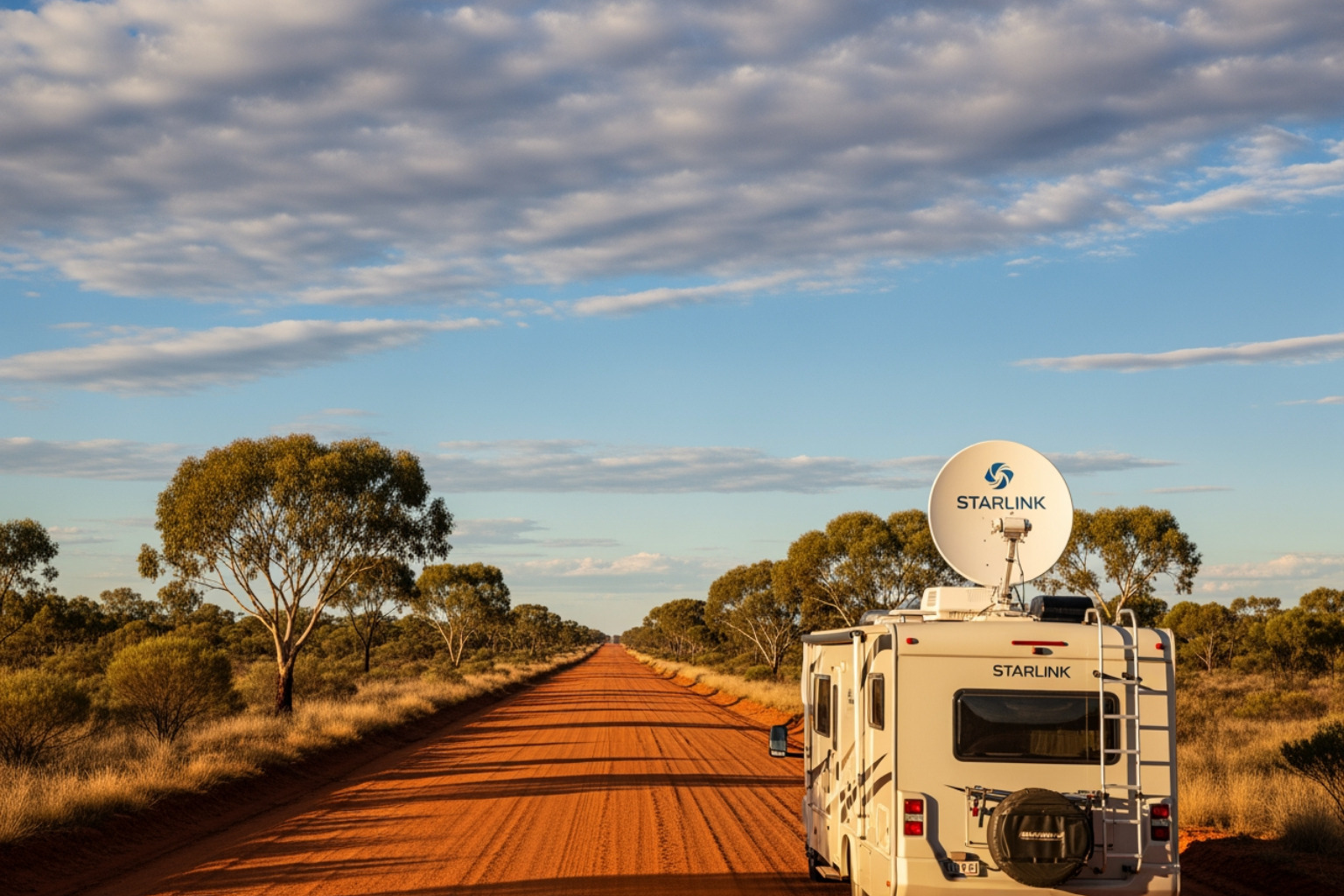 RV satellite internet setup on Australian outback road with Starlink dish mounted on caravan roof