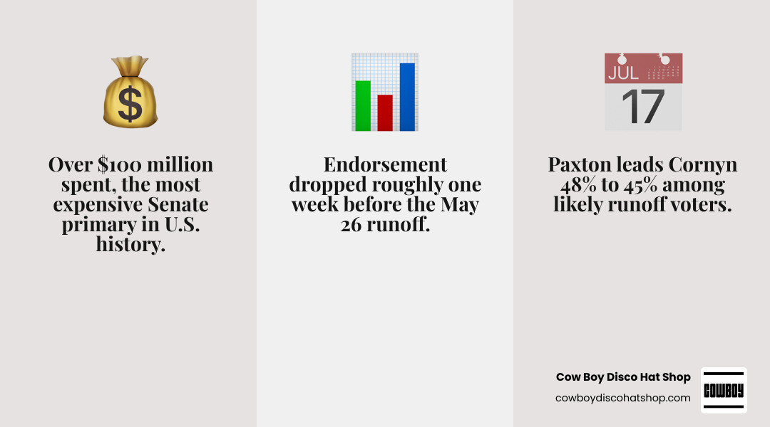 Infographic showing $100M Texas Senate primary spending, Paxton vs Cornyn polling, and Trump endorsement timeline infographic