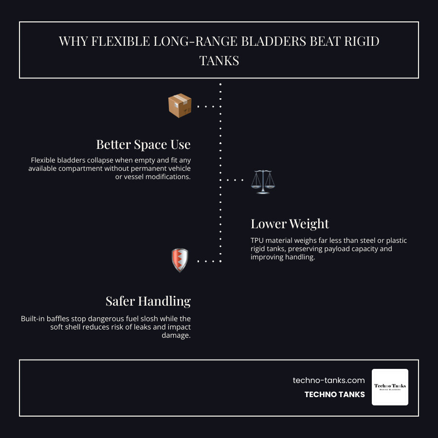 Infographic showing why flexible long-range bladders outperform rigid auxiliary tanks for boats and 4WDs infographic Infographic showing why flexible long-range bladders outperform rigid auxiliary tanks for boats and 4WDs infographic