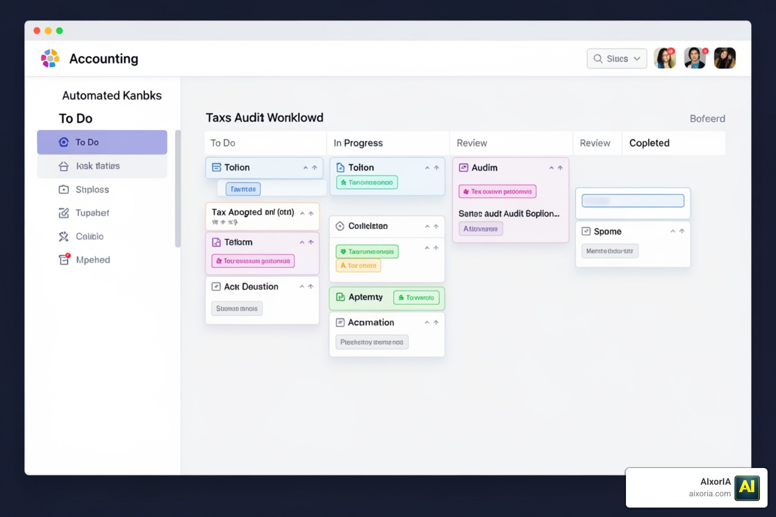 Automated Kanban boards showing task progression for tax and audit workflows
