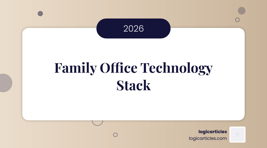 2026 family office technology stack with accounting, investments, banking, and AI layers infographic