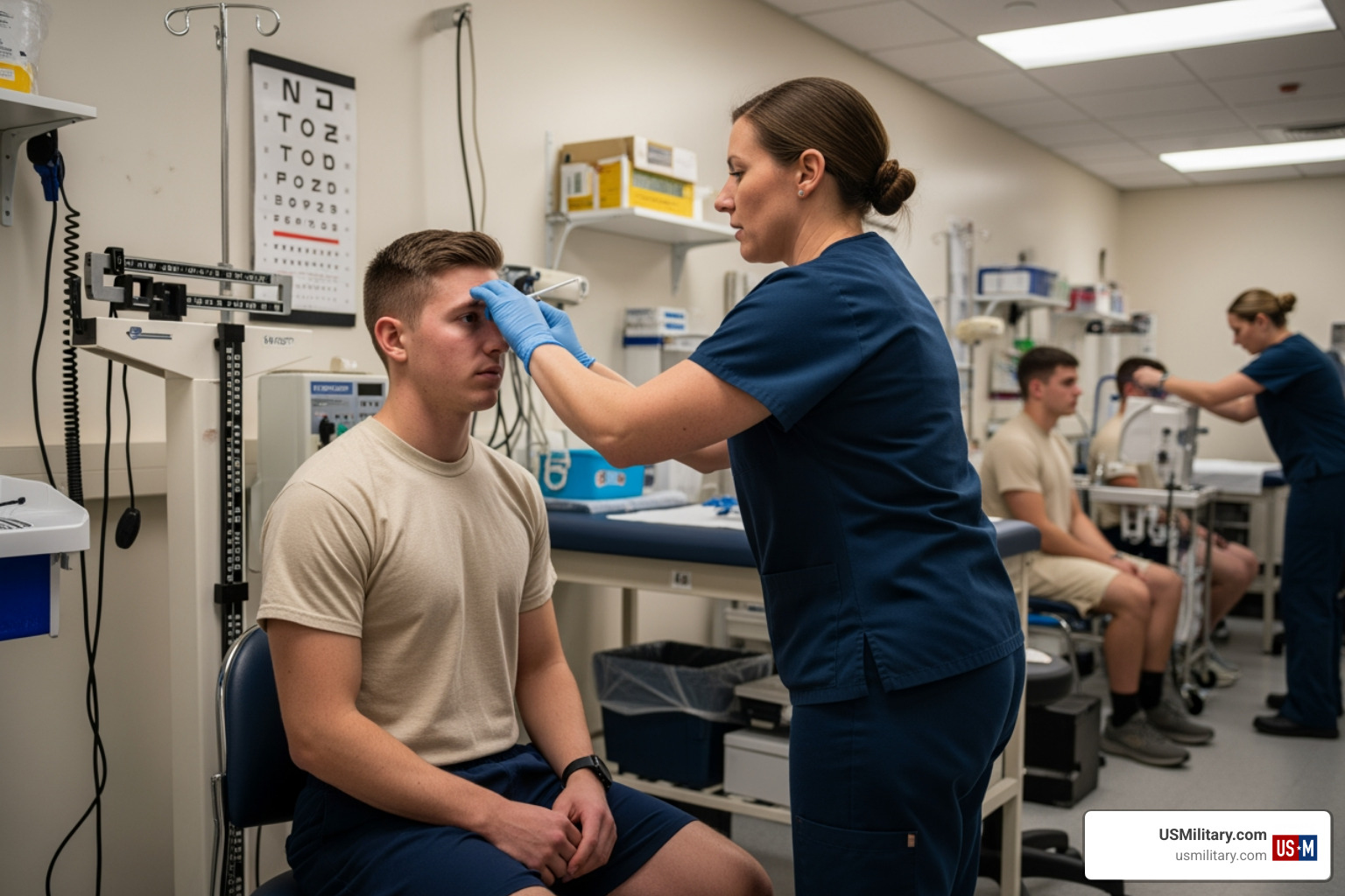 A young recruit undergoing a medical evaluation at a Military Entrance Processing Station (MEPS)