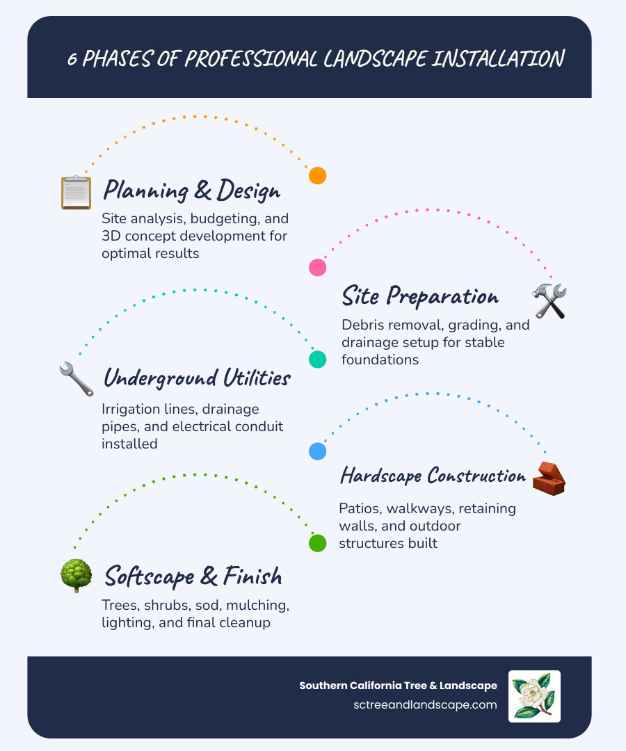 Infographic showing the 6 phases of professional landscape installation from planning to finishing touches infographic