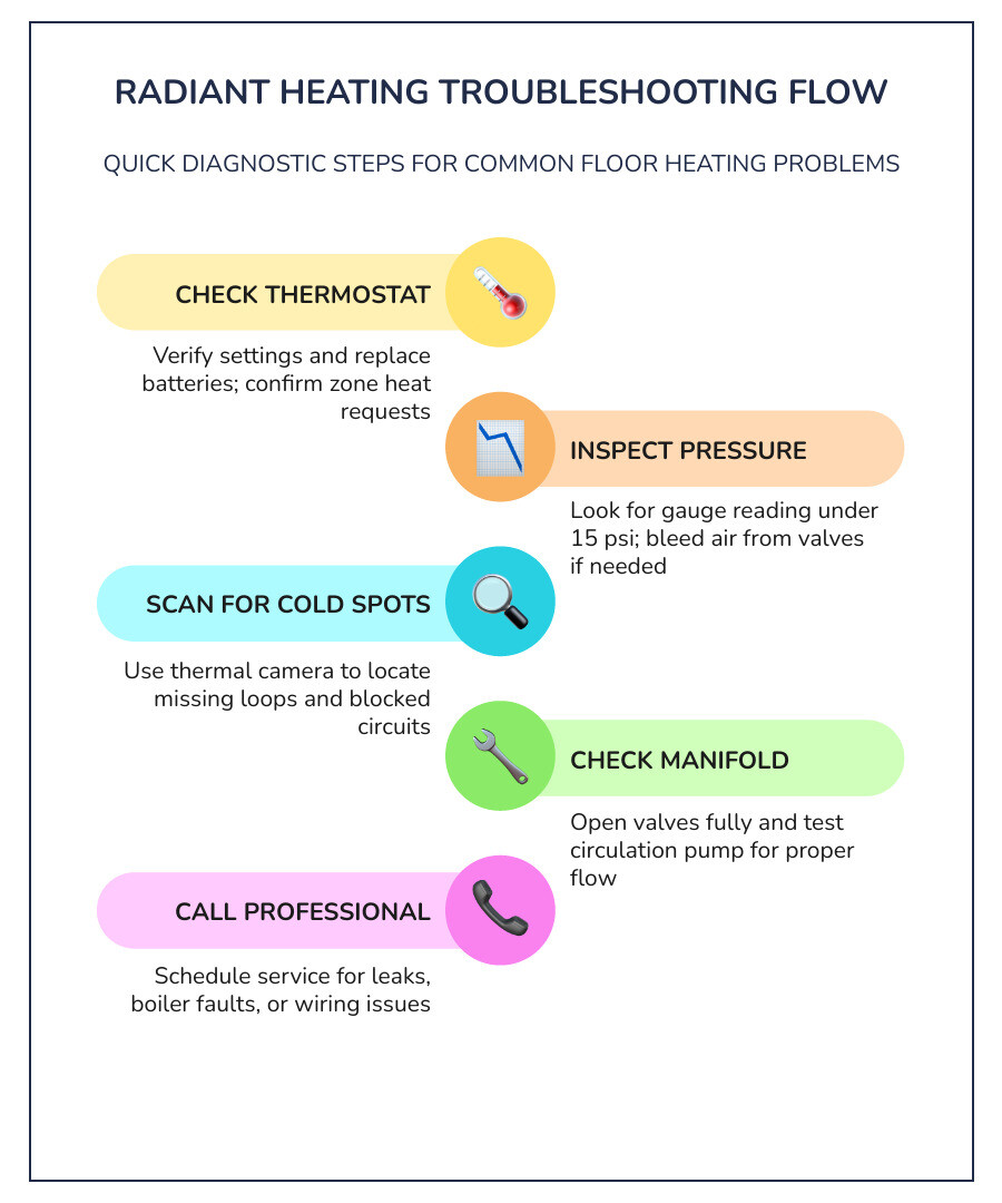 How hydronic and electric radiant floor heating systems work and common failure points infographic