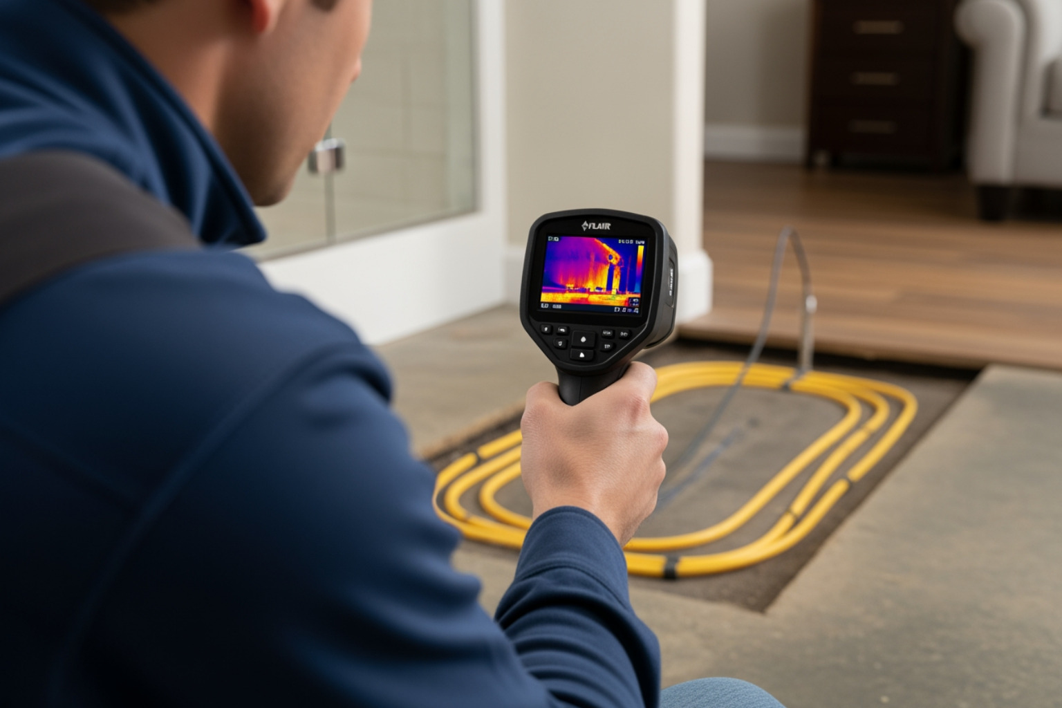 Technician using a thermal imaging camera to locate heating loops under a floor