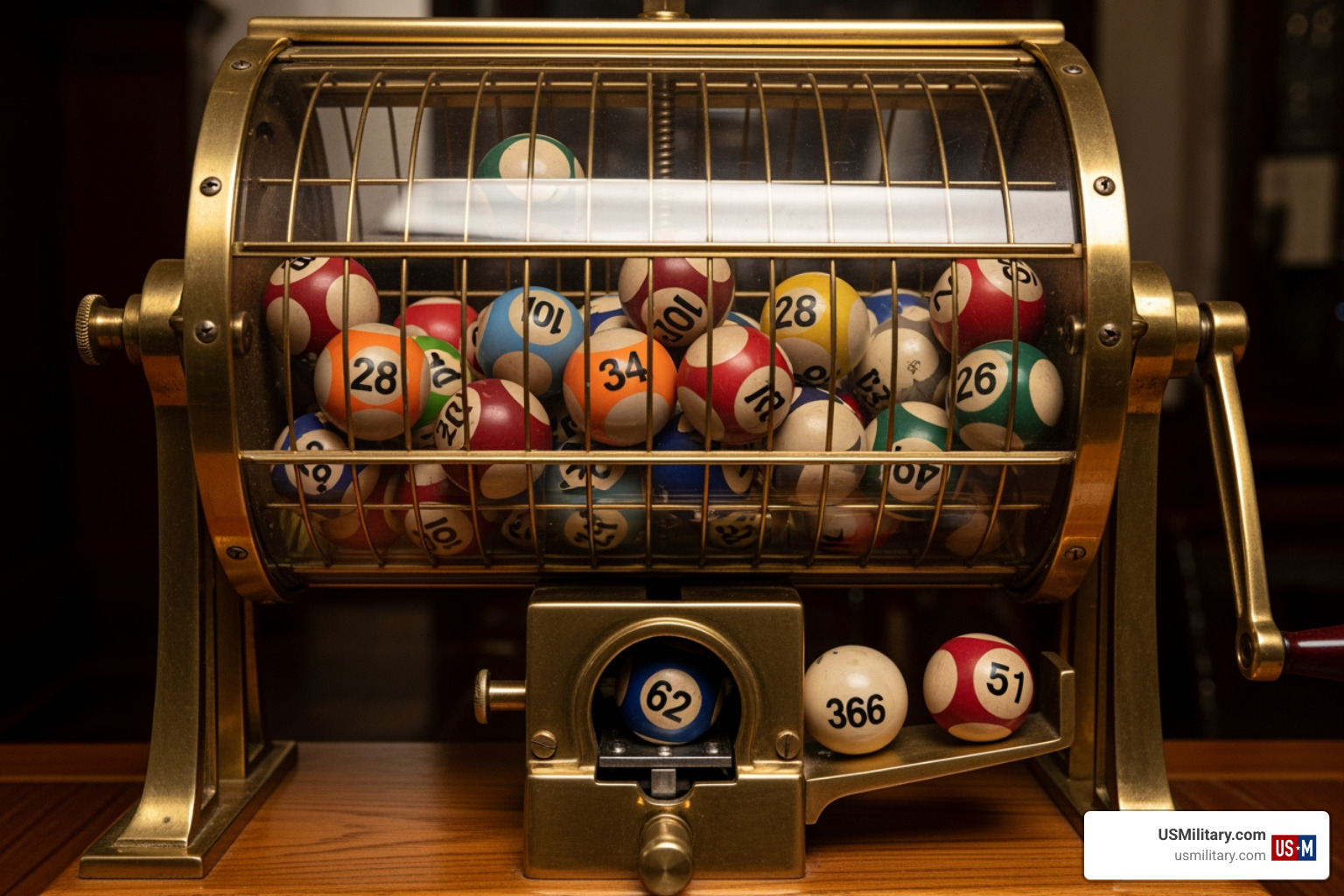 Historical draft lottery machine with numbered balls