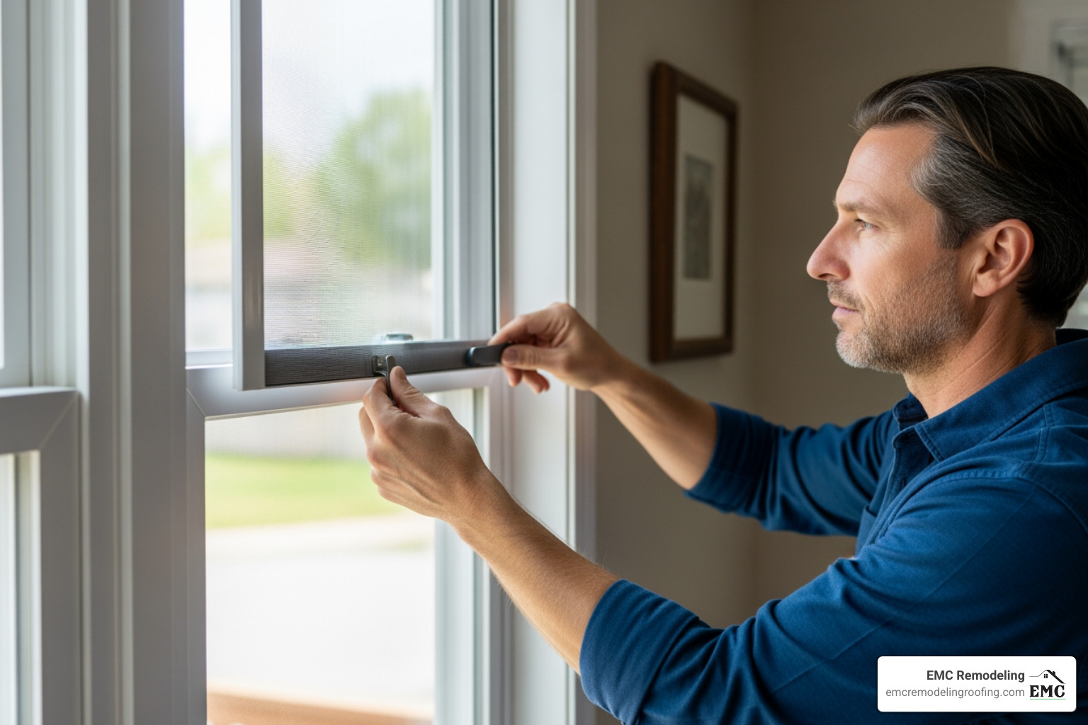 A homeowner successfully snapping a new window screen into place A homeowner successfully snapping a new window screen into place