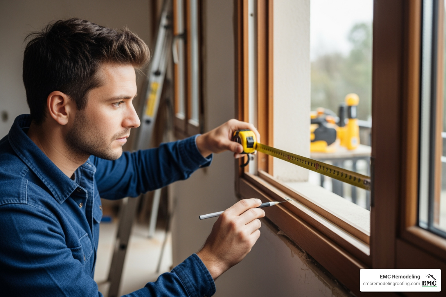 Person using a tape measure to find the dimensions of a window frame Person using a tape measure to find the dimensions of a window frame