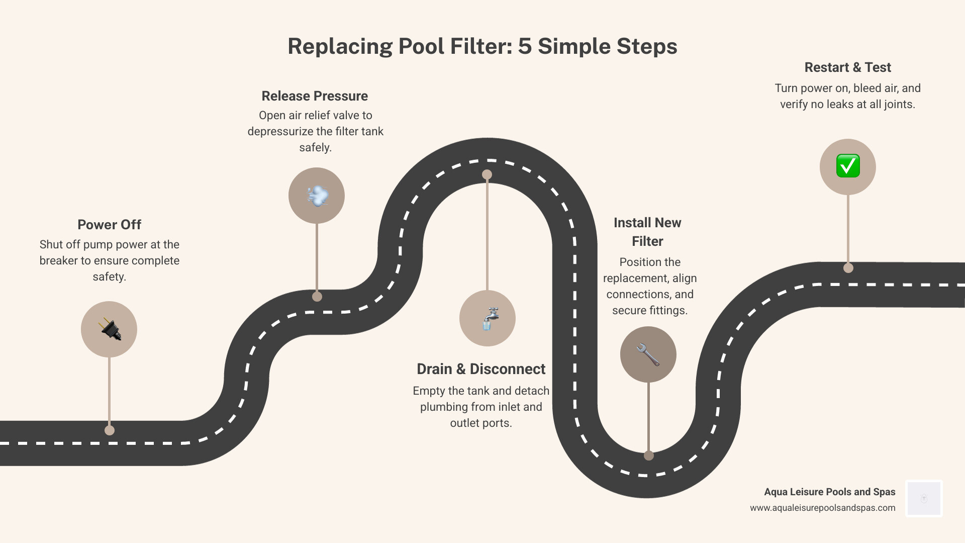Pool filter replacement overview infographic: filter types, replacement signs, and installation steps infographic