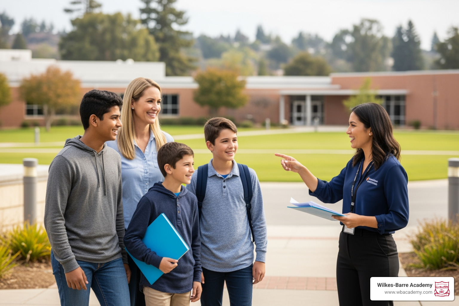 A family smiling while touring a school campus with an admissions representative A family smiling while touring a school campus with an admissions representative