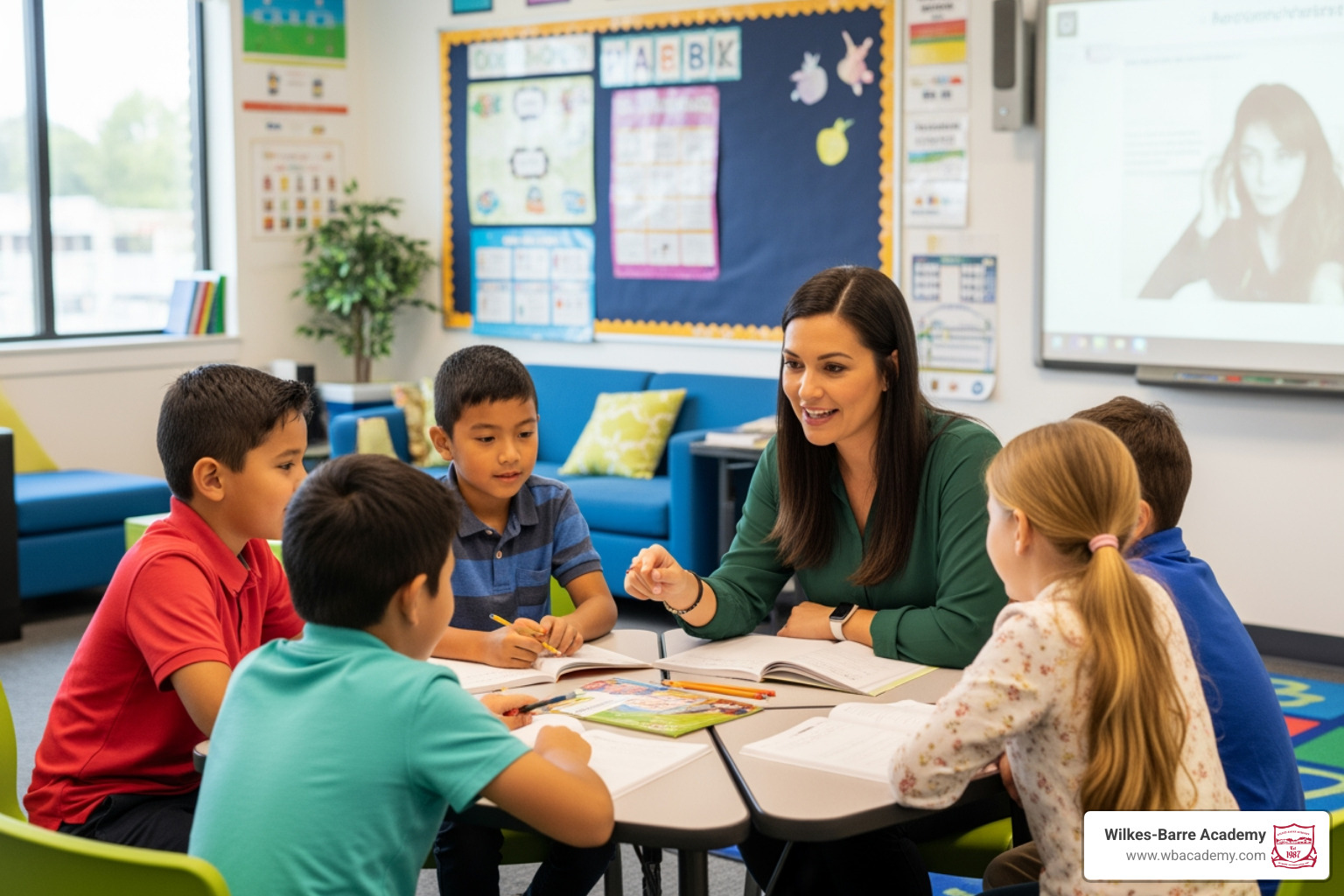 A dedicated educator interacting with a small group of engaged elementary school children.