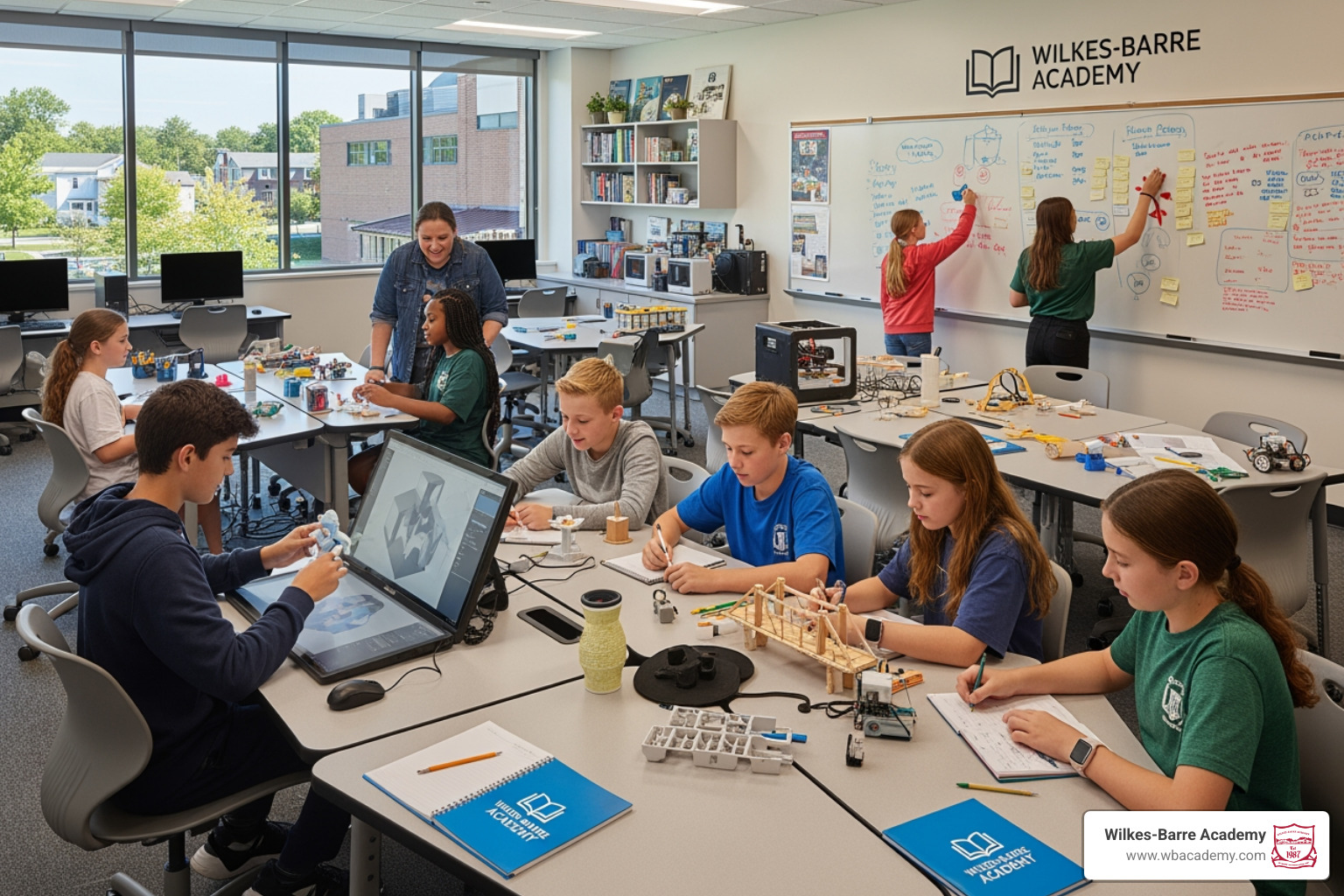 Students collaborating on a creative project in a modern, resource-rich classroom.