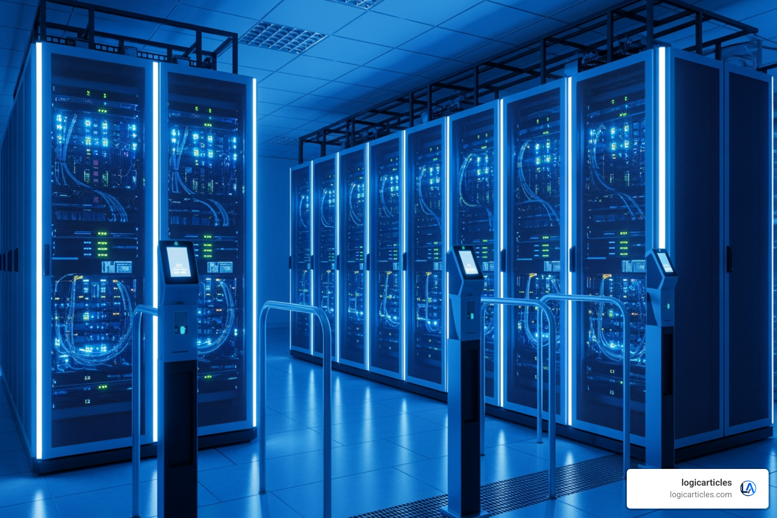 A high-tech secure data server room with blue LED lighting
