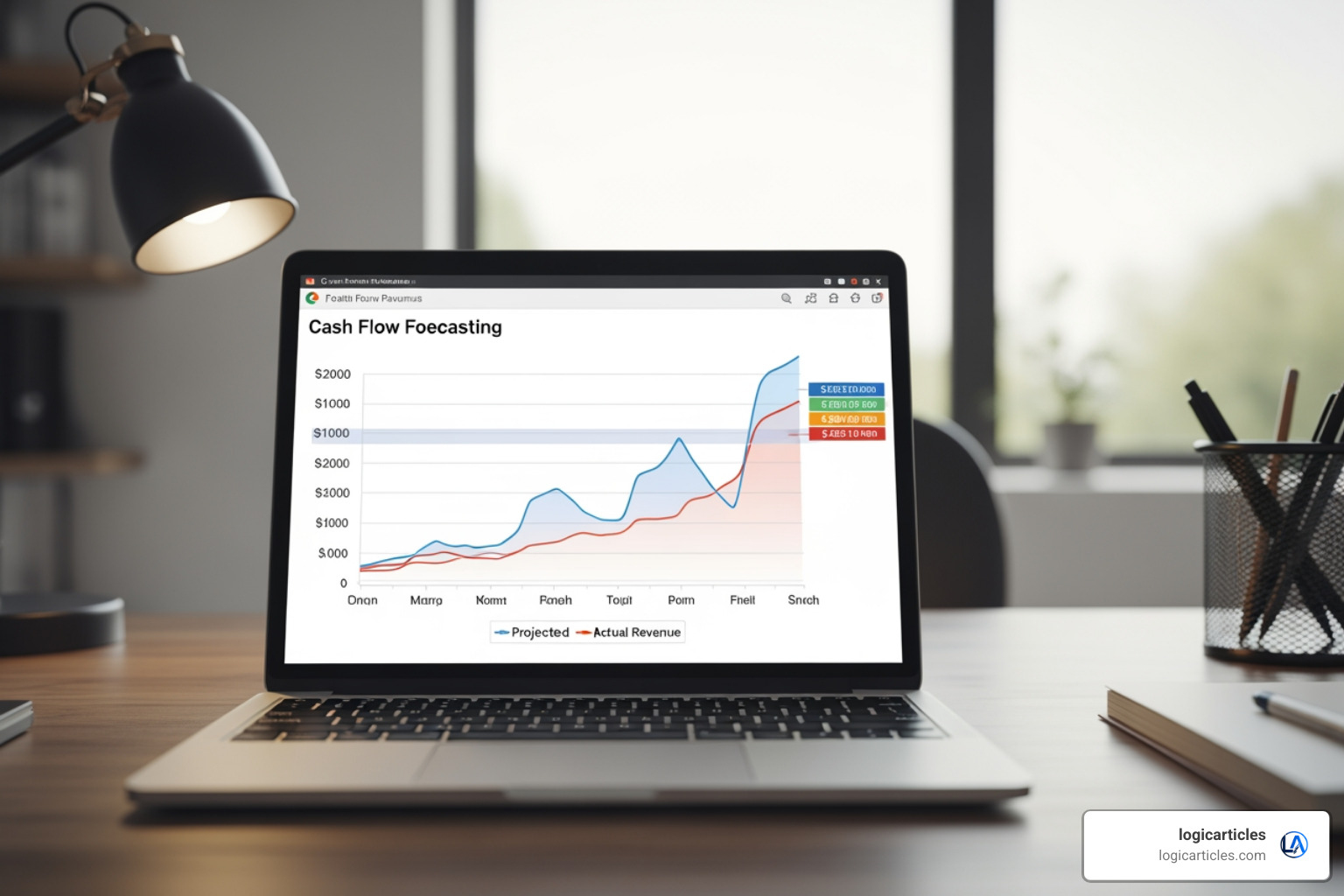 A detailed cash flow forecasting chart showing projected vs actual revenue