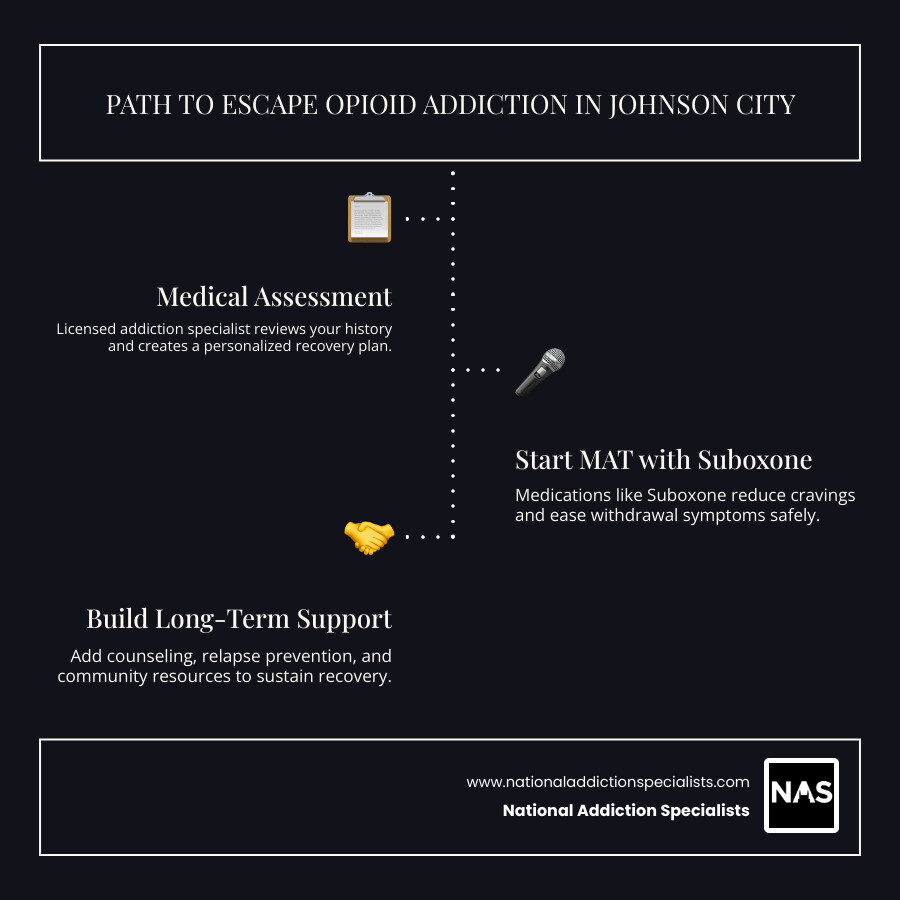 Infographic showing steps to escape opioid addiction in Johnson City TN from assessment to long-term recovery infographic Infographic showing steps to escape opioid addiction in Johnson City TN from assessment to long-term recovery infographic