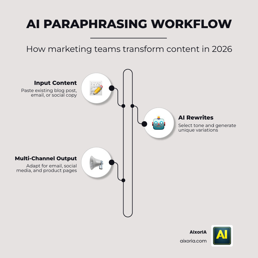 AI paraphrasing workflow for marketing teams showing input text, mode selection, output, and multi-channel distribution