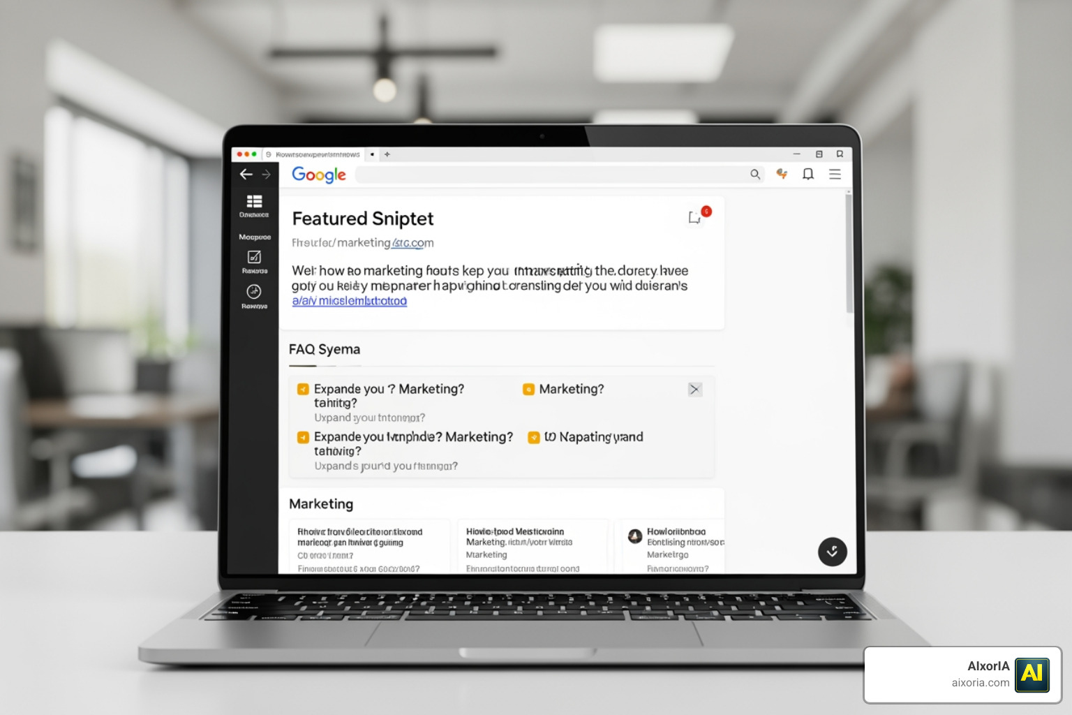 A search engine results page showing a website with a featured snippet and FAQ schema