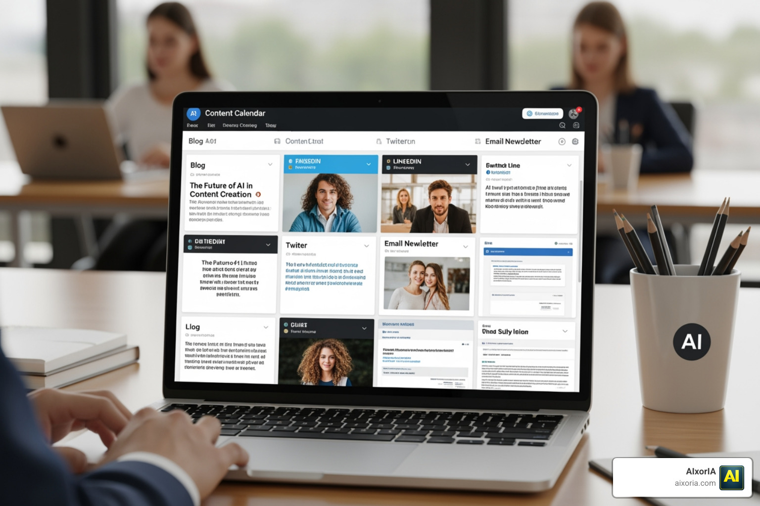 A digital content calendar being populated by various AI-generated content snippets