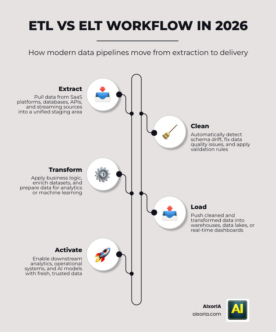 ETL vs ELT workflow comparison infographic for data integration in 2026 infographic