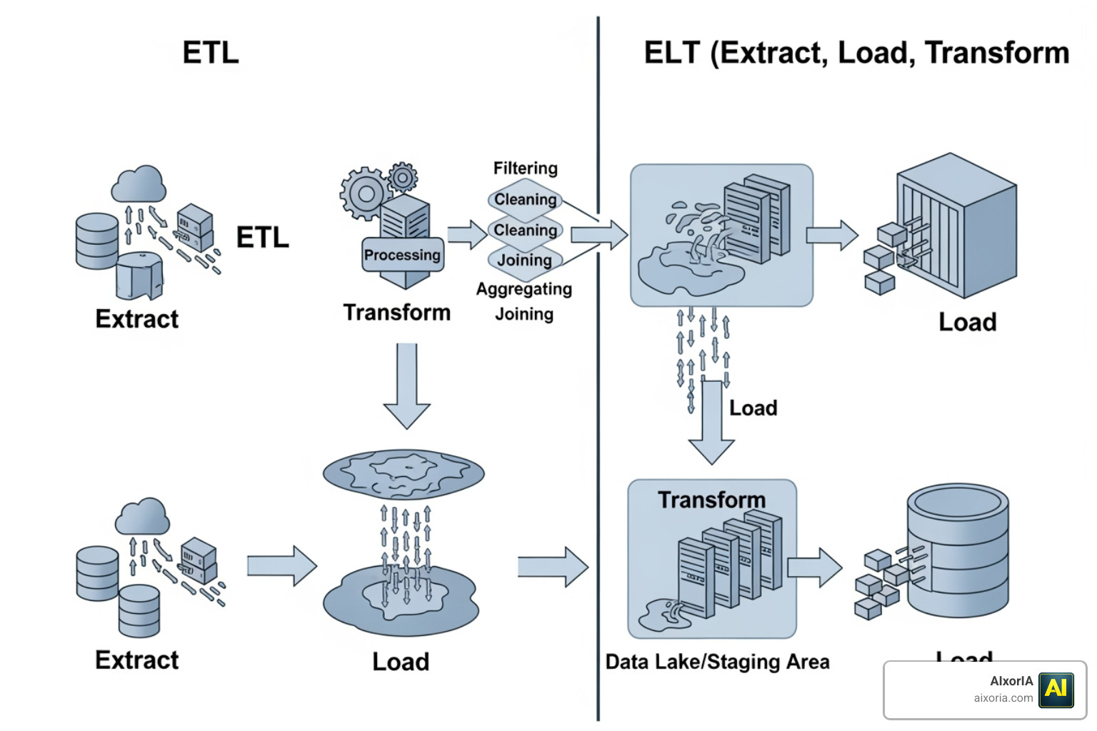 Diagram comparing ETL and ELT data workflows Diagram comparing ETL and ELT data workflows